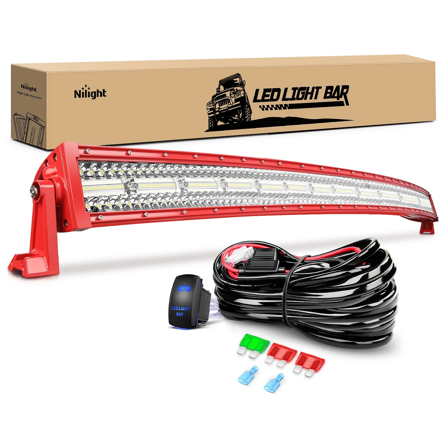 Nilight LED Light Bar 50Inch Triple Row Spot Flood Combo Lights Red Shell with Wiring Harness Kit for Fog Light Driving Light Work Light on Off-Road Truck SUV ATV UTV