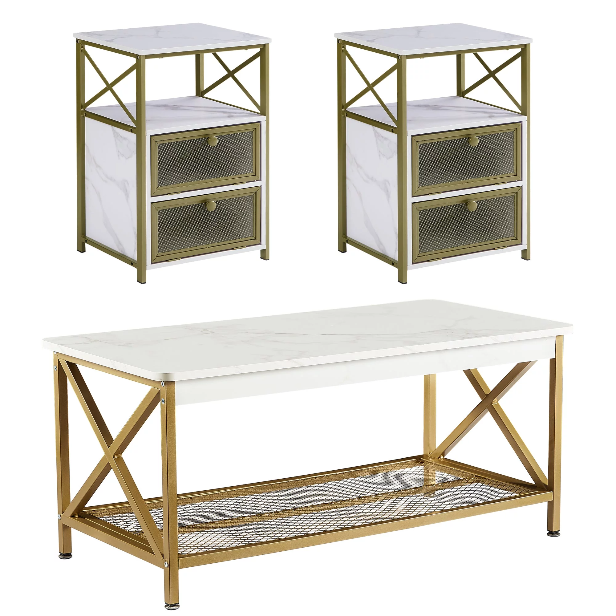 VECELO 3-Piece Coffee Table Set for Living Room, Modern Rectangle Coffee Table & 2 Drawes Table with Storage, for Small Space, Apartment, Gold