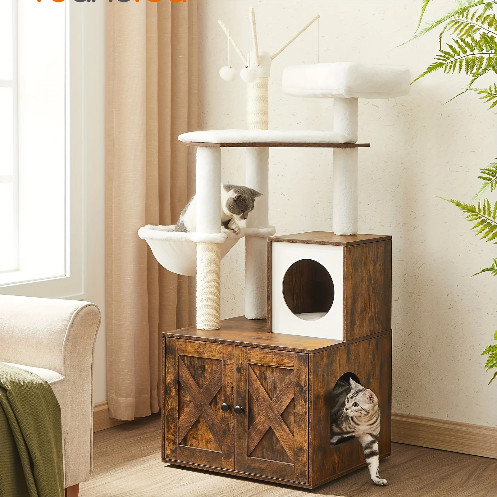 WoodyWonders Cat Tree With Litter Box Furniture Hidden Enclosure, 2-in-1 Modern Tower, Cat Condo With Scratching Posts, Removable Pompom Sticks