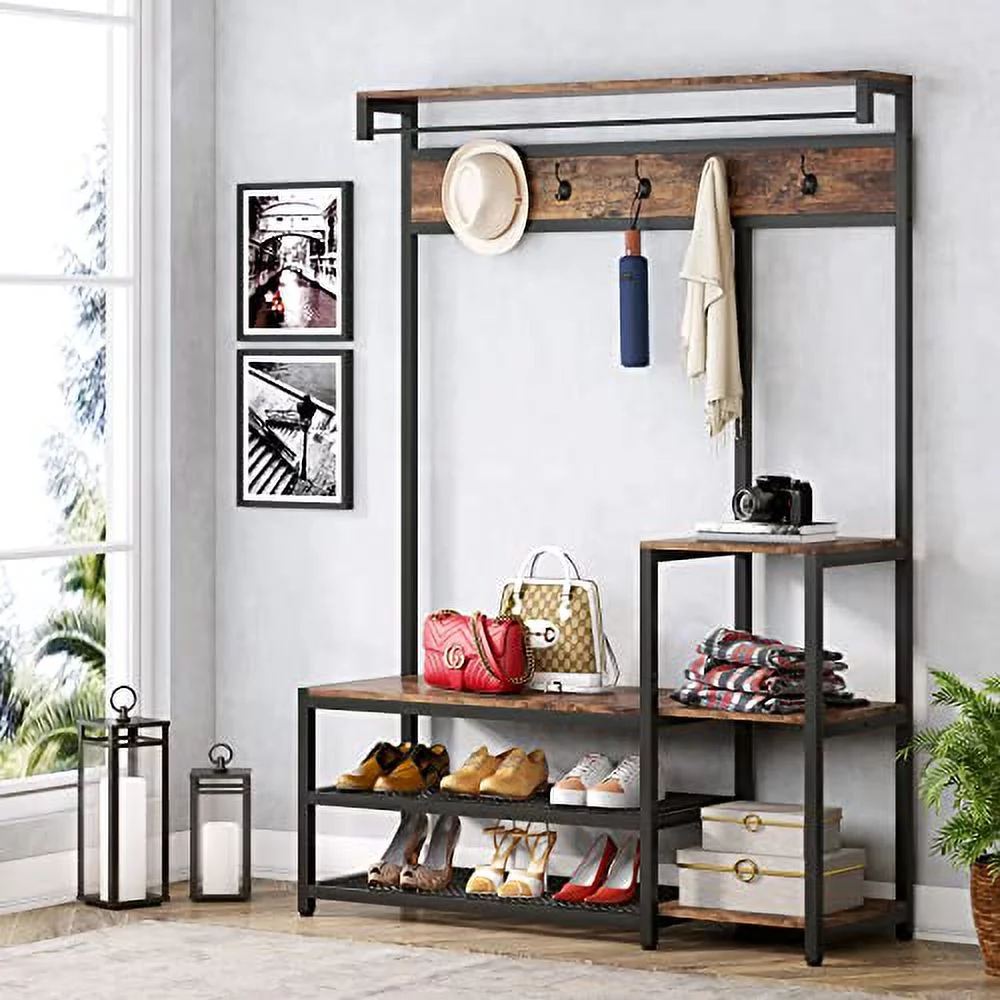Entryway Hall Tree with Shoe Bench, 3 in 1 Coat Rack with Storage Shelves and 5 Hooks