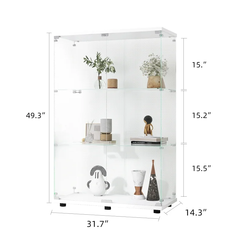 Two-door Glass Display Cabinet 3 Shelves with Door, Floor Standing Curio Bookshelf for Living Room Bedroom Office, 49.3