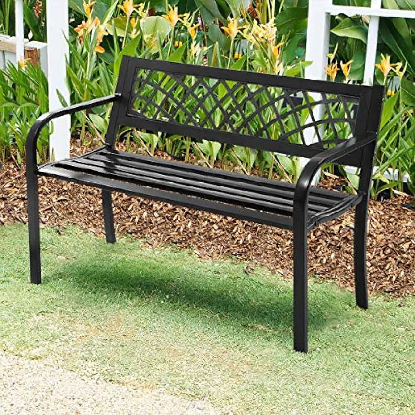 Patio Garden Bench Loveseats Park Yard Furniture Decor Cast Iron Frame Black (Black Steel W/PVC Mesh Pattern)