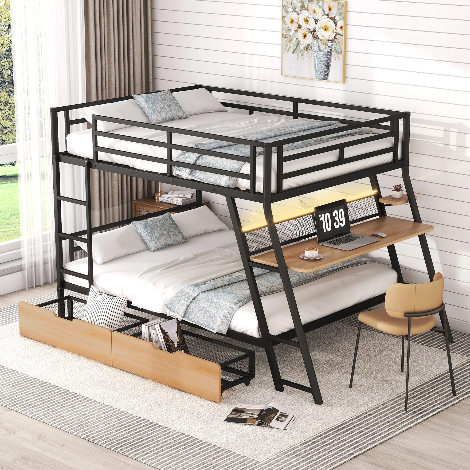 Euroco Metal Full over Full Bunk Bed with Desk and Drawers, LED Light Strip and Cabinet for Kids Room, Black