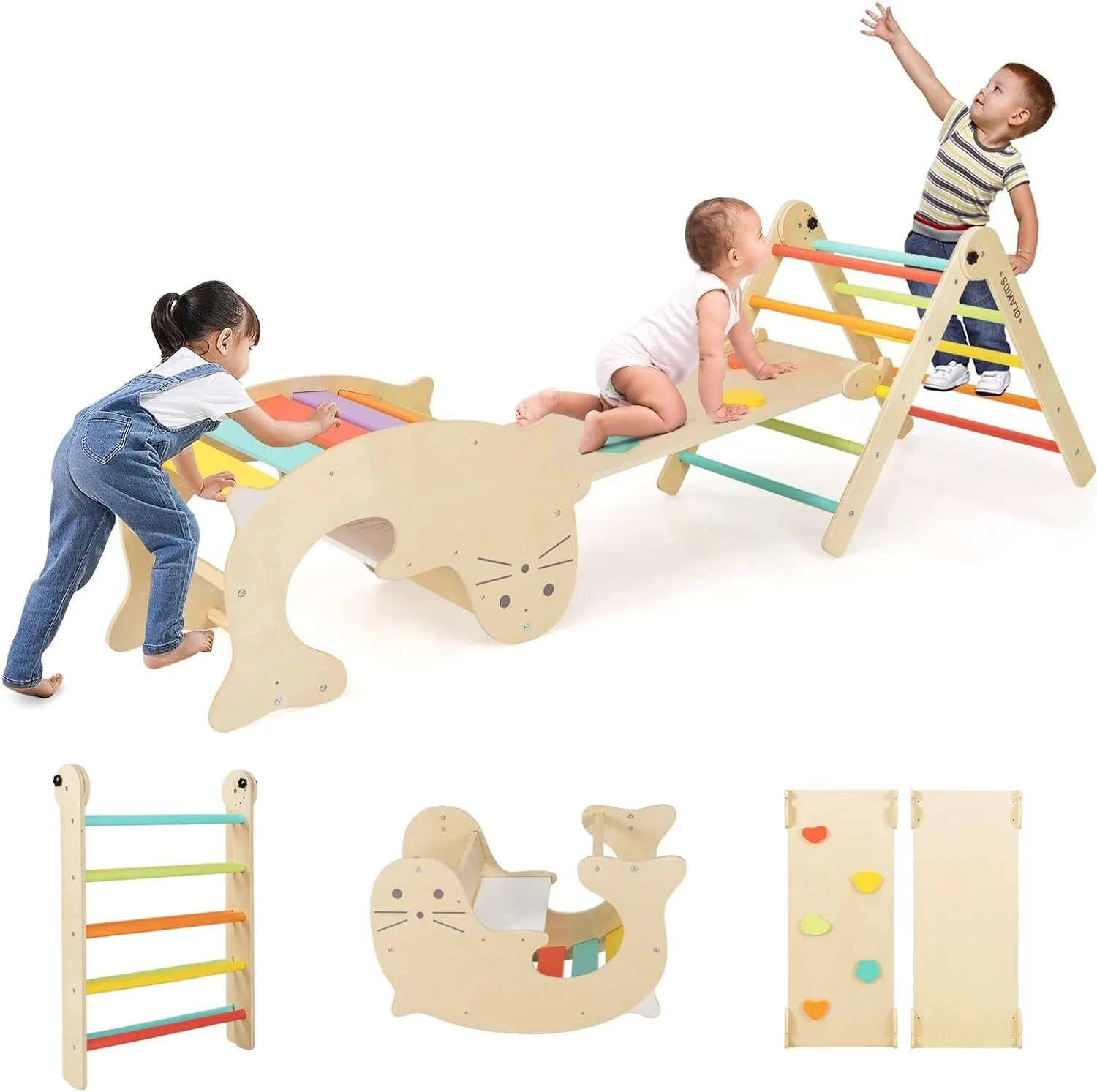 OLAKIDS Climbing Toys for Toddlers, 5 in 1 Foldable Wooden Pikler Montessori Jungle Gym with Ramp Slide Arch Rocker Angle Adjustable Ladder, Indoor Kids Activity Playground Baby Climber