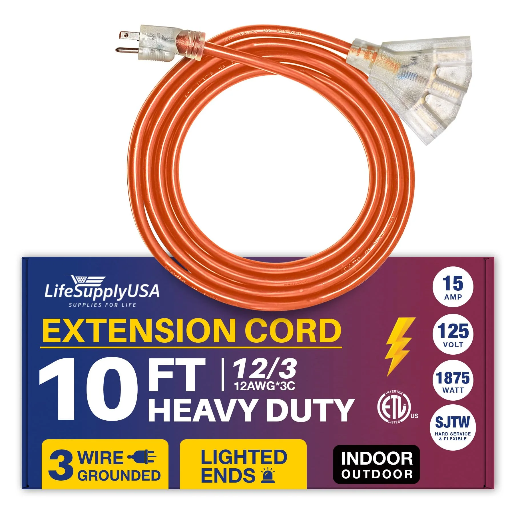 10ft Power Extension Cord Outdoor & Indoor - Waterproof Electric Drop Cord Cable -, 3-Outlet, SJTW, 12 Gauge, 15 AMP, 125 Volts, 1875 Watts, 12/3 - ETL Listed by LifeSupplyUSA - Orange (1 Pack)