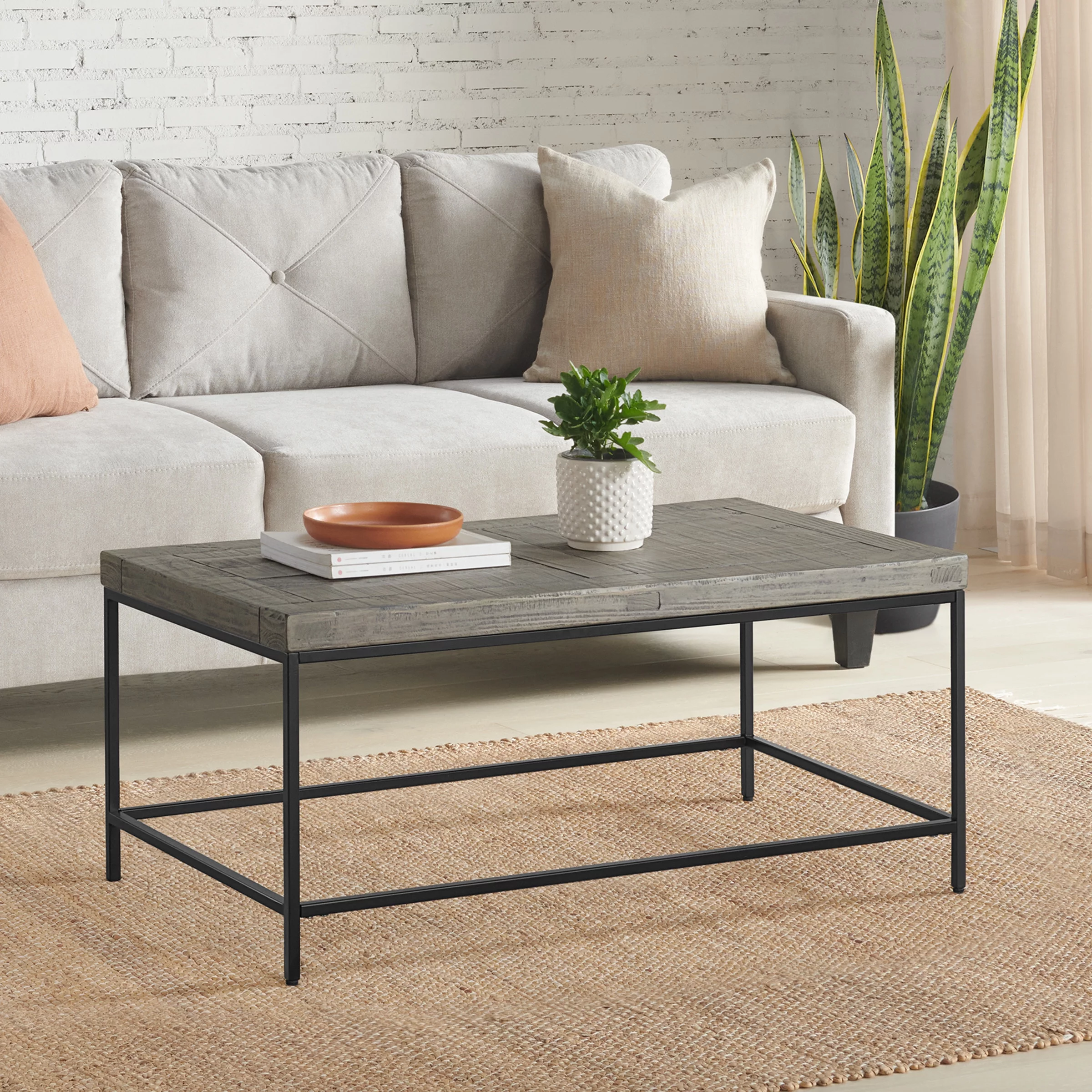 Lavish Home Industrial Coffee Table with Wood Top and Metal Base (Gray)