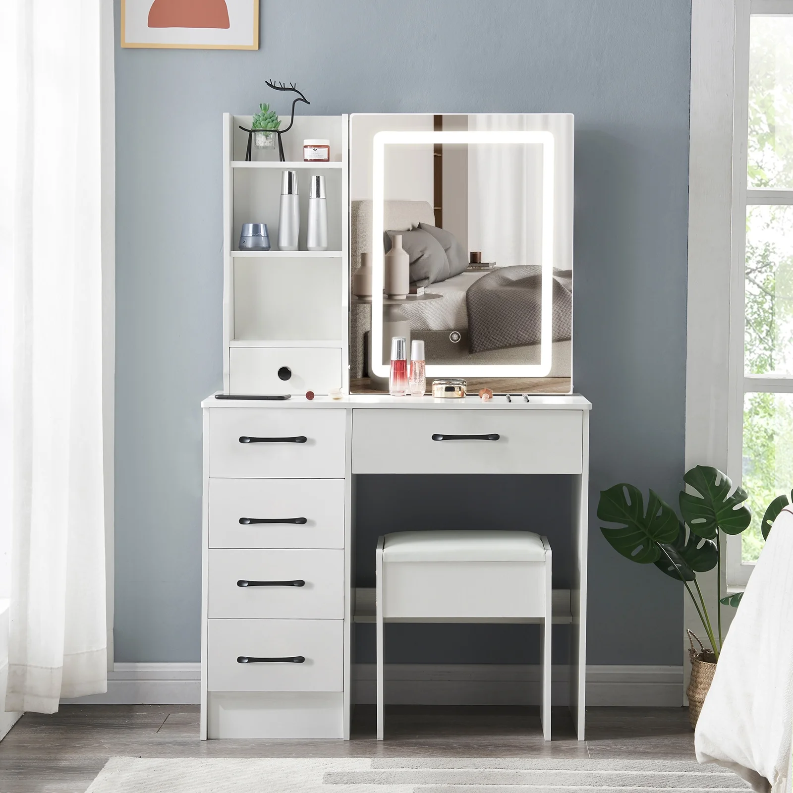 Led Lighted Vanity Set with Sliding Mirror Makeup Dressing Table 6 Drawer Cabinet