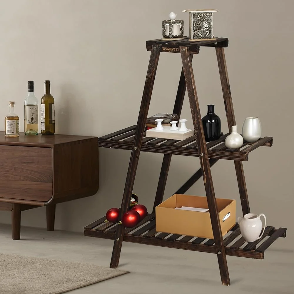 JDZHAPPYLIFE Ladder   5-Tier Wooden Plant Shelves  Rustic Flower Display Rack  Freestanding  Rack  Indoor Flowerpot Stand Ladder Bookshelf  Room  Office  Bedroom  Balcony (Brown)