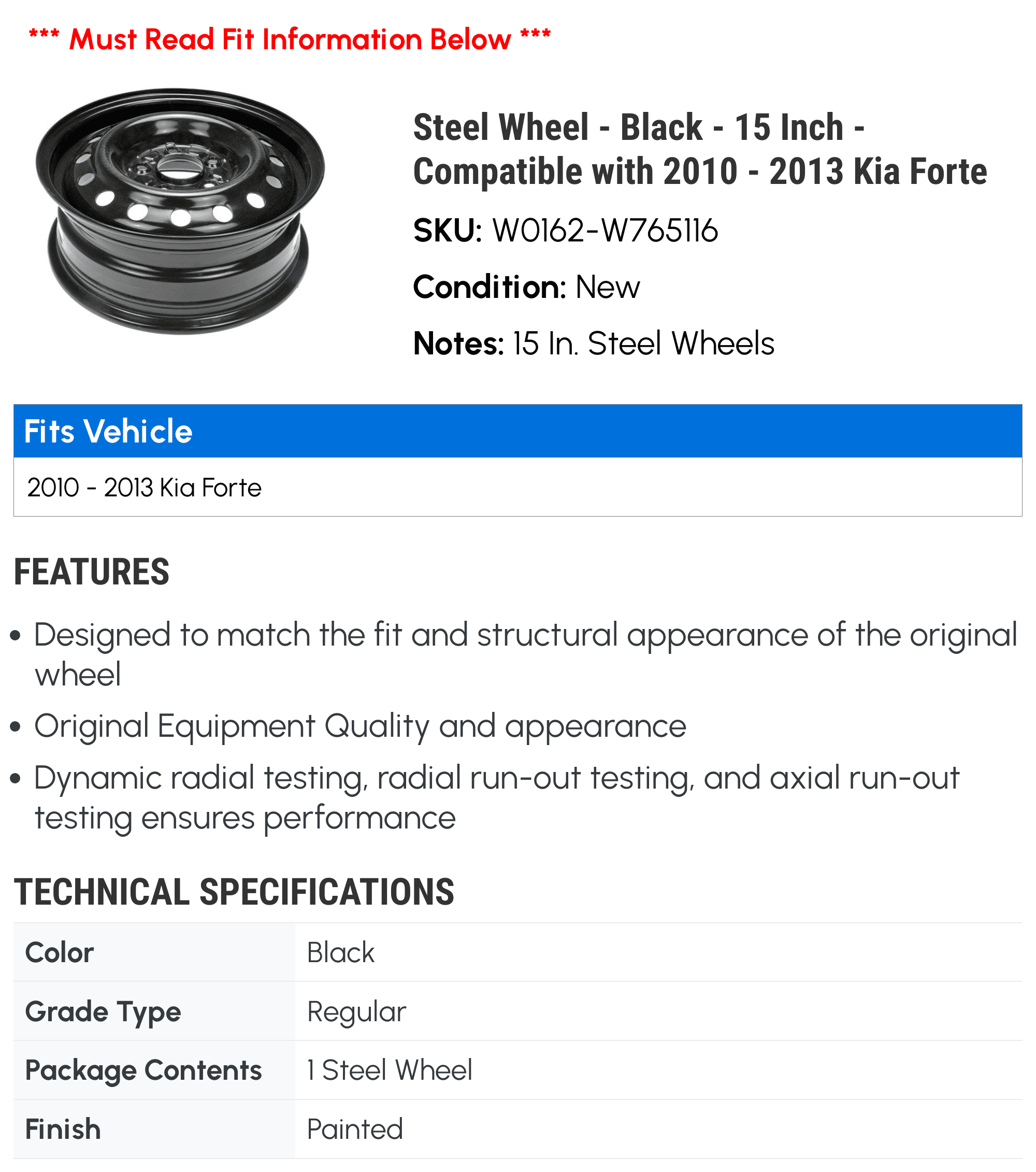 Steel Wheel - Black - 15 Inch - Compatible with 2010 - 2013 Kia Forte 2011 2012