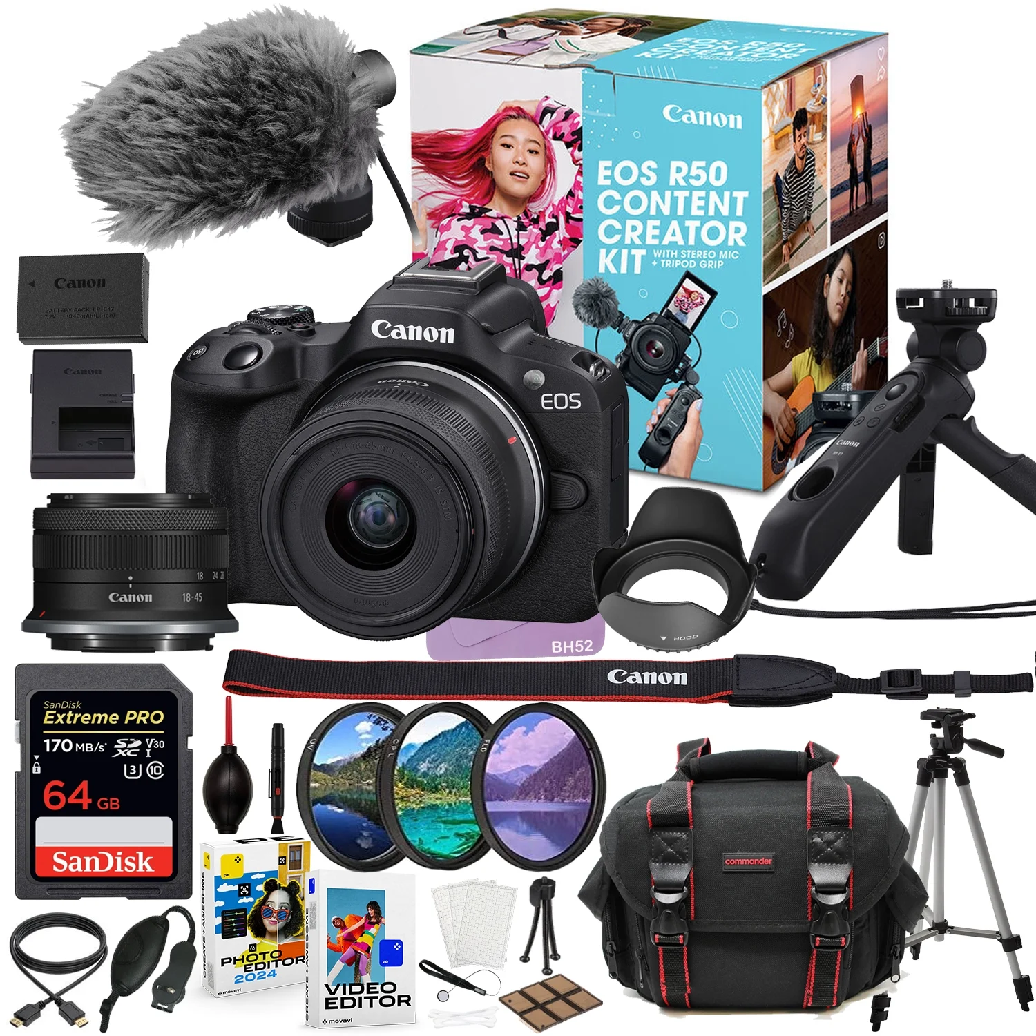 Canon EOS R50 Mirrorless Camera with 18-45mm Lens Content Vlogging Kit with DM-E100 Microphone & HG-100TBR Tripod Grip + 64GB Extreme Accessory Bundle (35 Items)