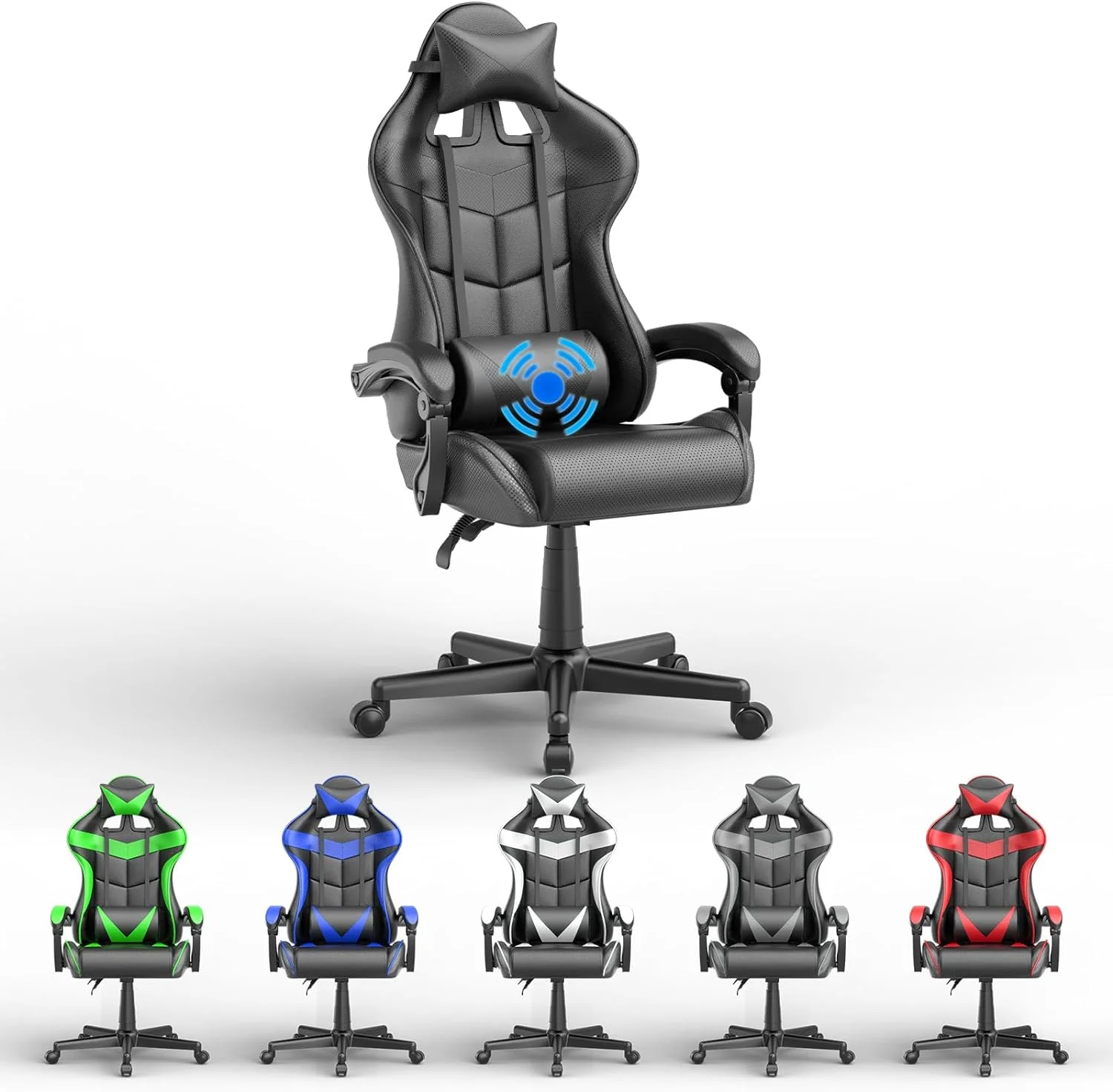 U-SHARE Gaming Chair Black,Computer Chair with Massage Lumbar Support and Headrest,Height Adjustment Big and Tall Chair with High-Back,Rolling Gamer Chair with Linkage Armrests(Dark Black)