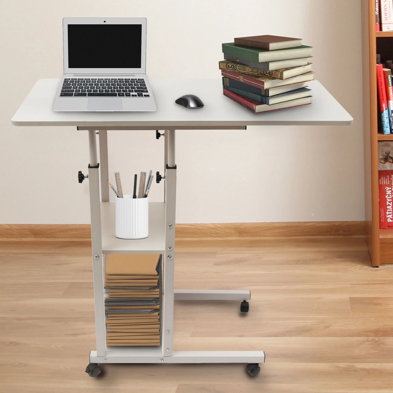 C Shaped Height Adjustable Chair Side Table TV Tray Laptop Desk Sofa Bed W/Wheel