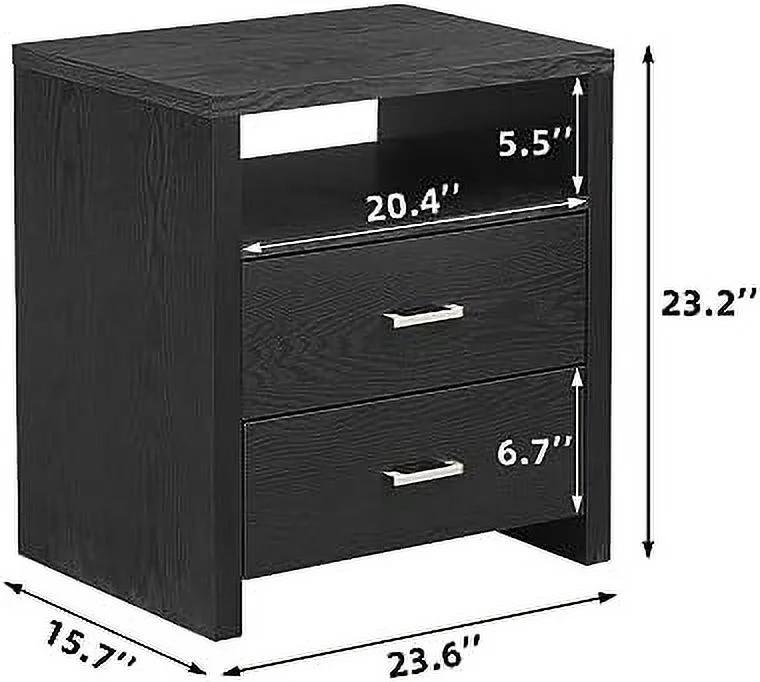 GEROBOOM Grey Nightstand  with LED Lights  Modern Night Stand with 2  Drawer and Open   End Side Tables for Bedroom Living Room
