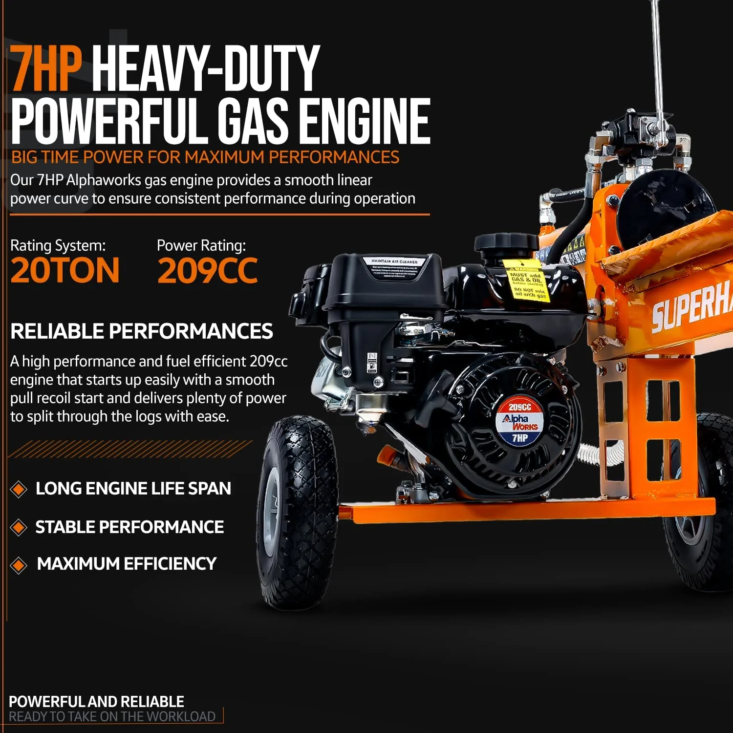 SuperHandy Gas Log Splitter - 7HP 212CC 20 Ton Hydraulic System 16