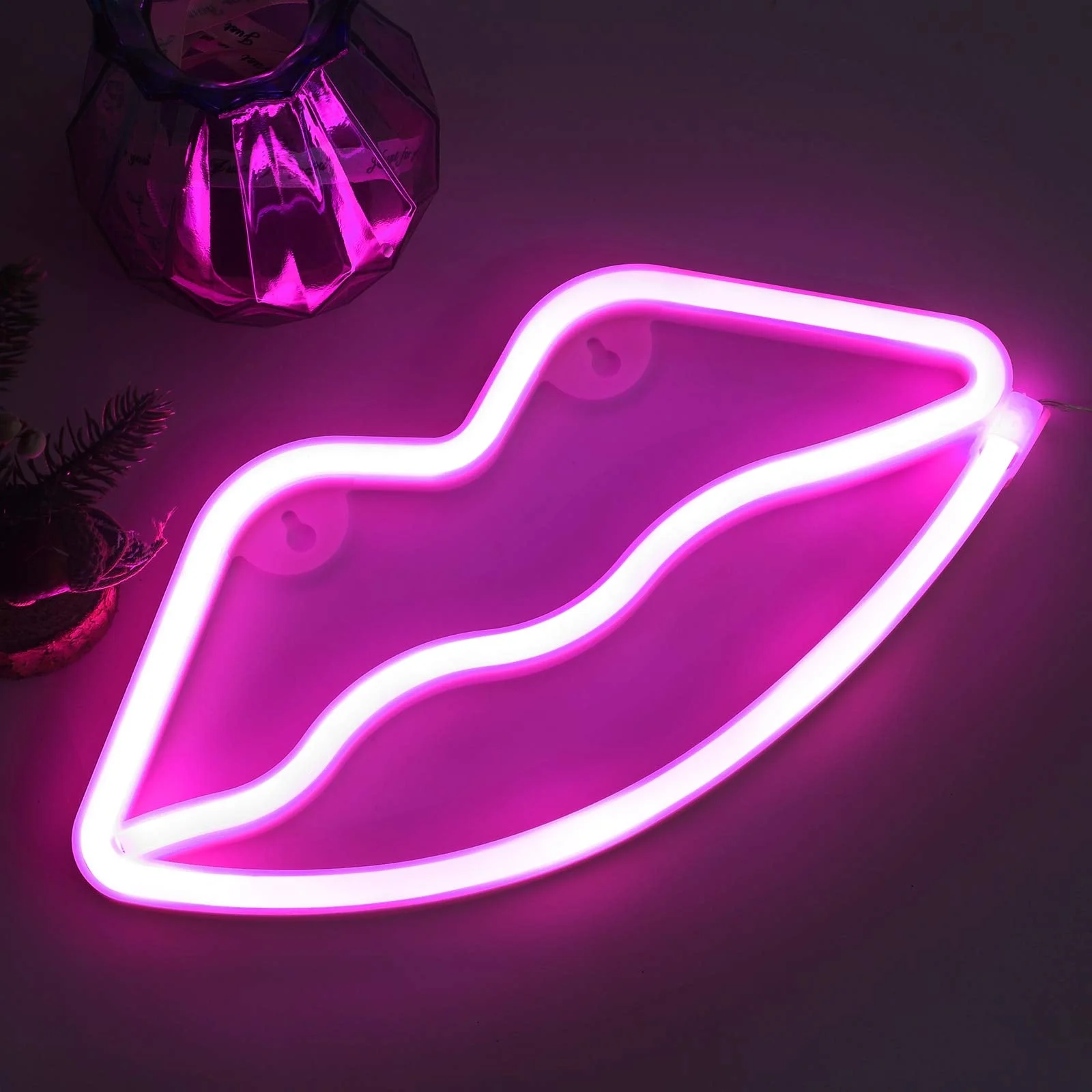 Pink Lips Neon Lights, Neon Sign Girl's Wall , 3 AA Battery/USB