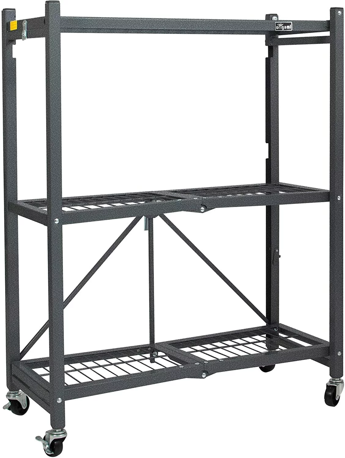 AUCHI Heavy Duty Foldable 3 Tier Metal Shelf Wire Rack Storage Unit Organizer with 3 Inches Wheels for Garage, Basement, or Laundry Room, Pewter.