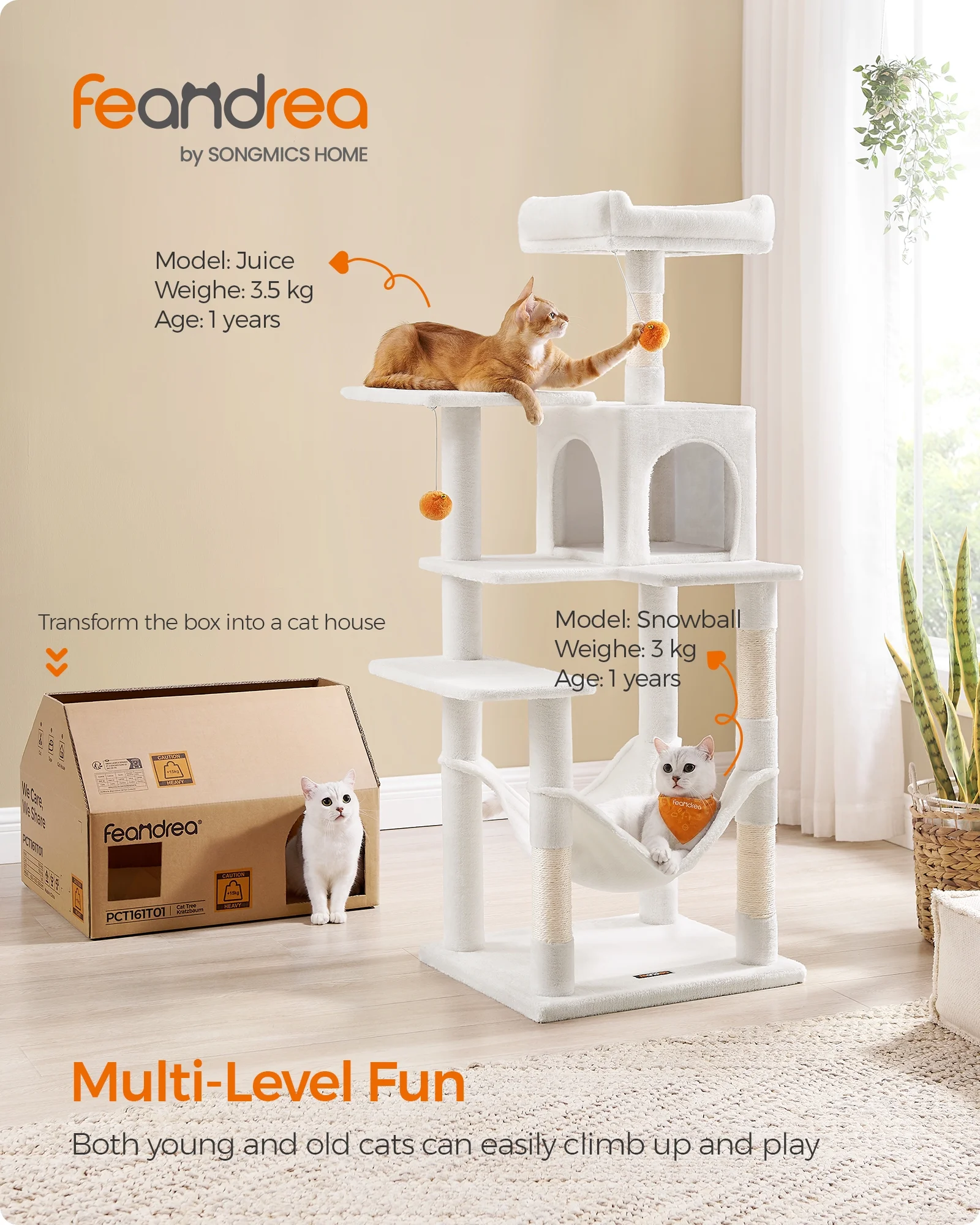 Feandrea Multi-Level Cat Tree, 56.3-Inch Cat Tower for Indoor Cats, Cream White