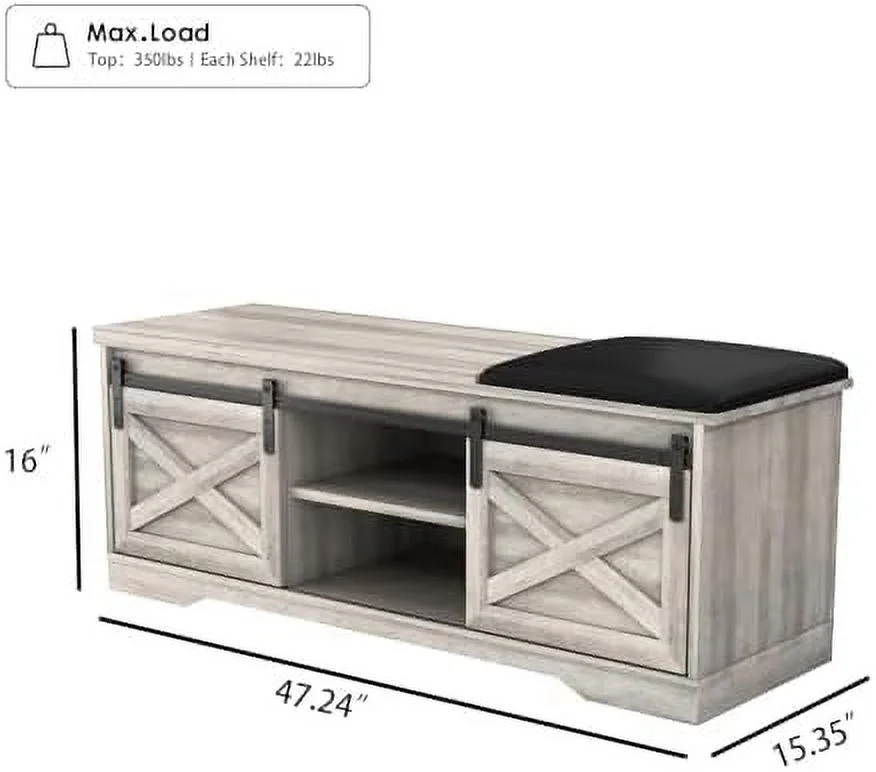 TQNJYGX Shoe Bench Entryway with   Modern Grey Shoe Cabinet with Sliding Barn Door   Indoor Bench with 3 Adjustable Shelves for Entryway  Bedroom  Hallway