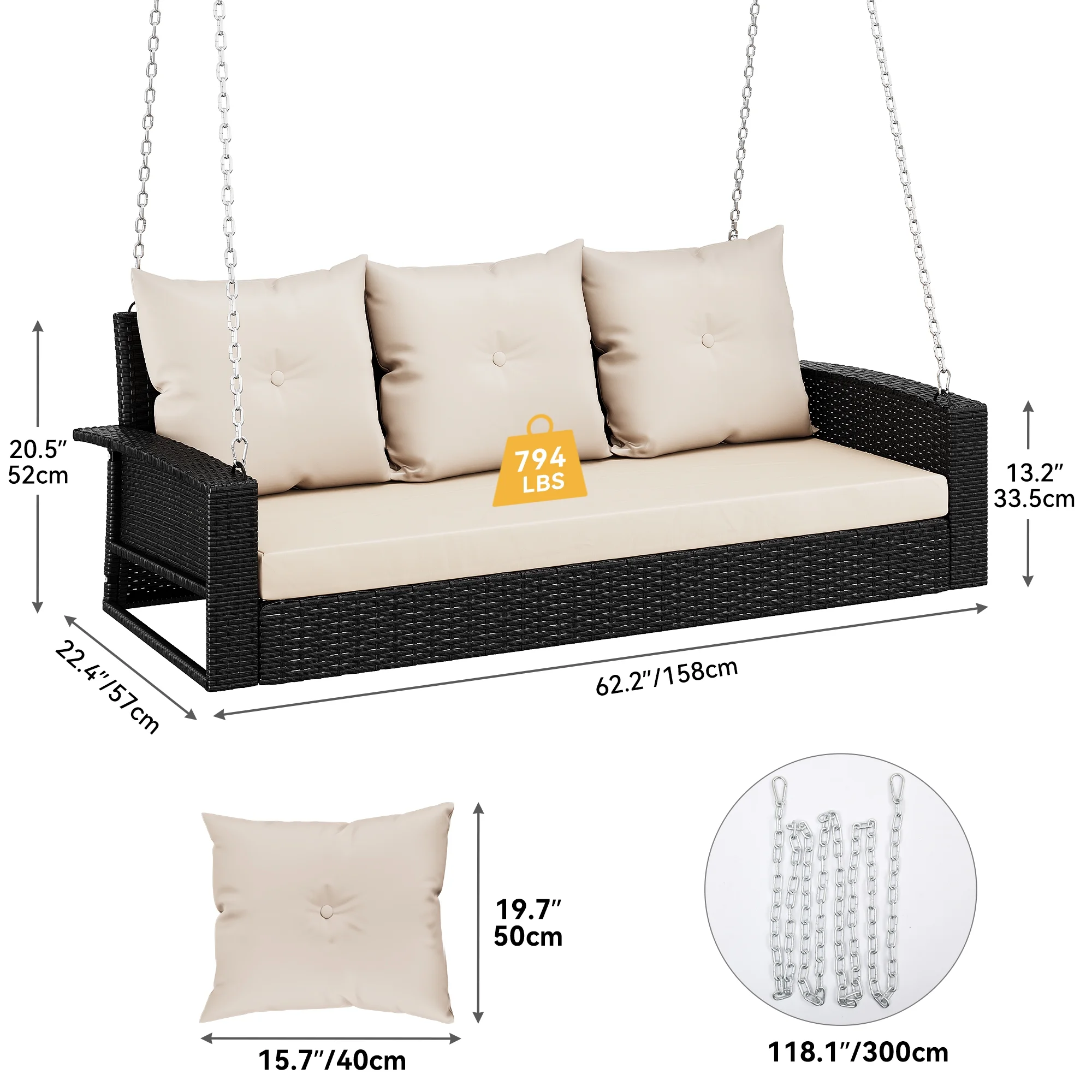 Dextrus Three-Seater Outdoor Hanging Porch Swing Chair - Black Rattan Patio Swing Wicker - Lounge with 3 Back Cushions - Ideal for Garden, Balcony, Deck