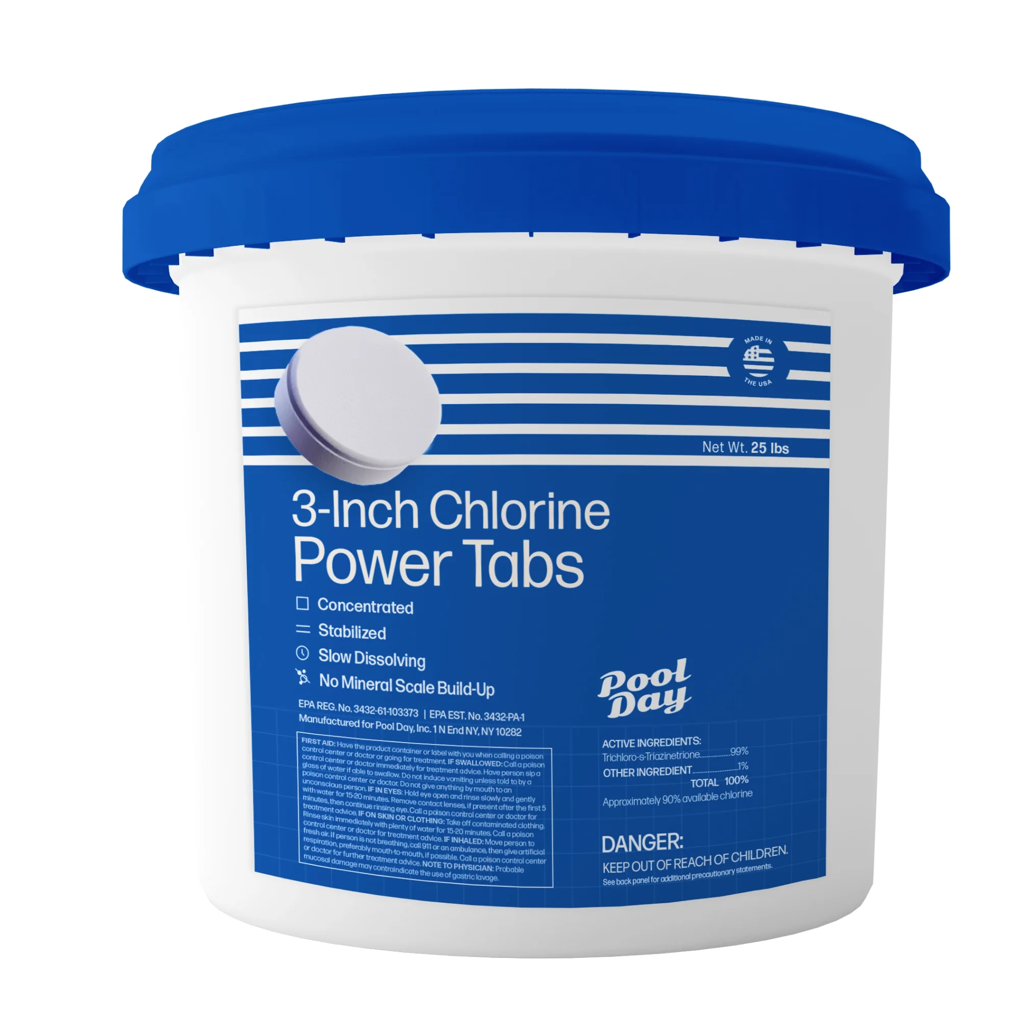Pool Day 25lb Three-Inch Chlorine Power Tabs - 99% Trichlor, UV-Protected, Slow-Dissolving Formula for Crystal Clear Safe Water
