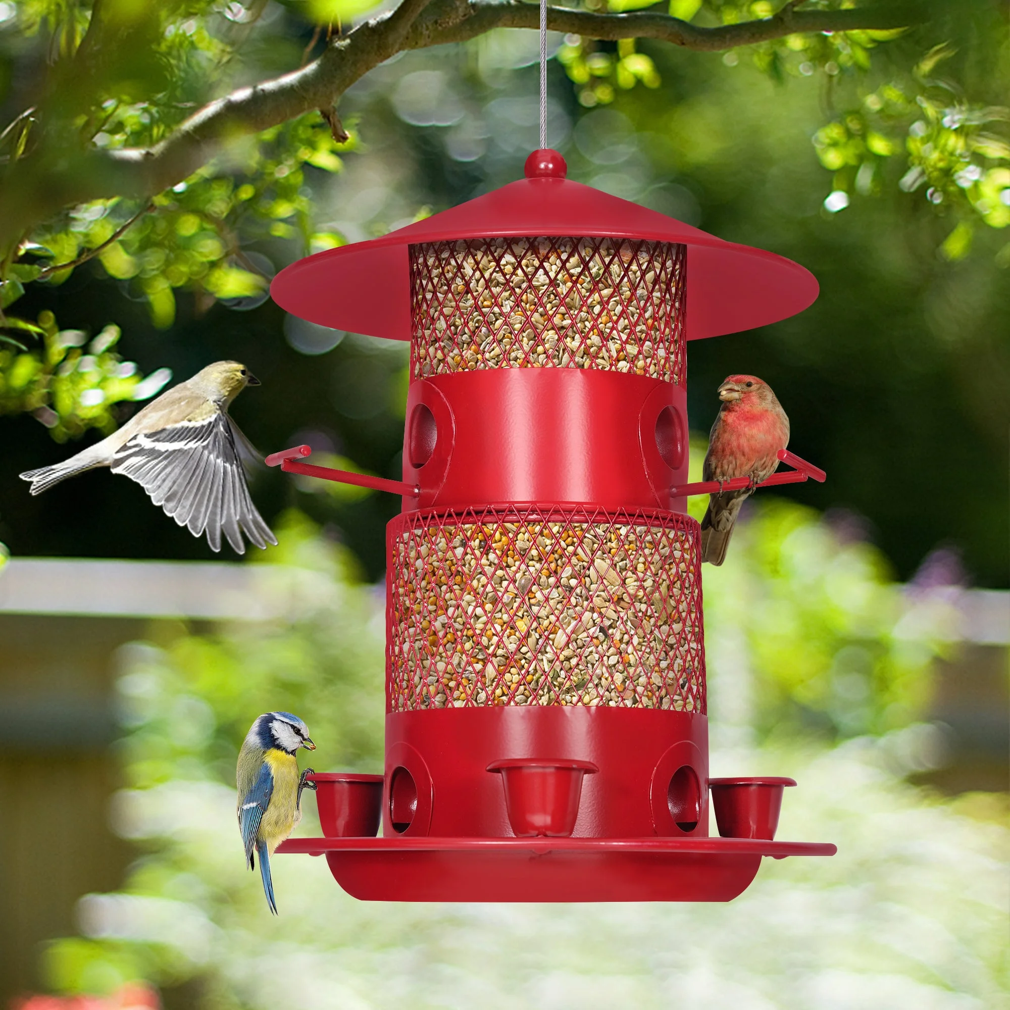 VECELO Metal Bird Feeder for Outdoors Hanging, Heavy Duty Water Resistance Squirrel-Proof Bird Feeders for Garden Yard Outside Decoration, Red