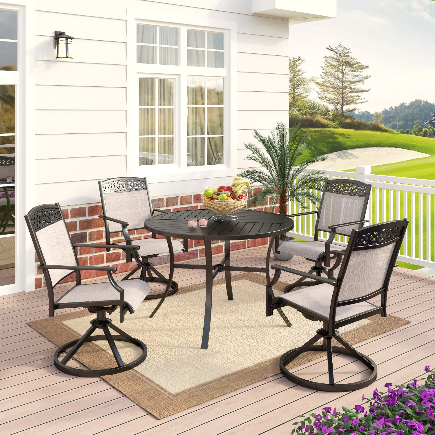 MF Studio Patio Dining Set 5 Pieces, Indoor Outdoor Patio Dining Table Furniture Set Outdoor Swivel Chairs with Textilene Fabric & Round Metal Table