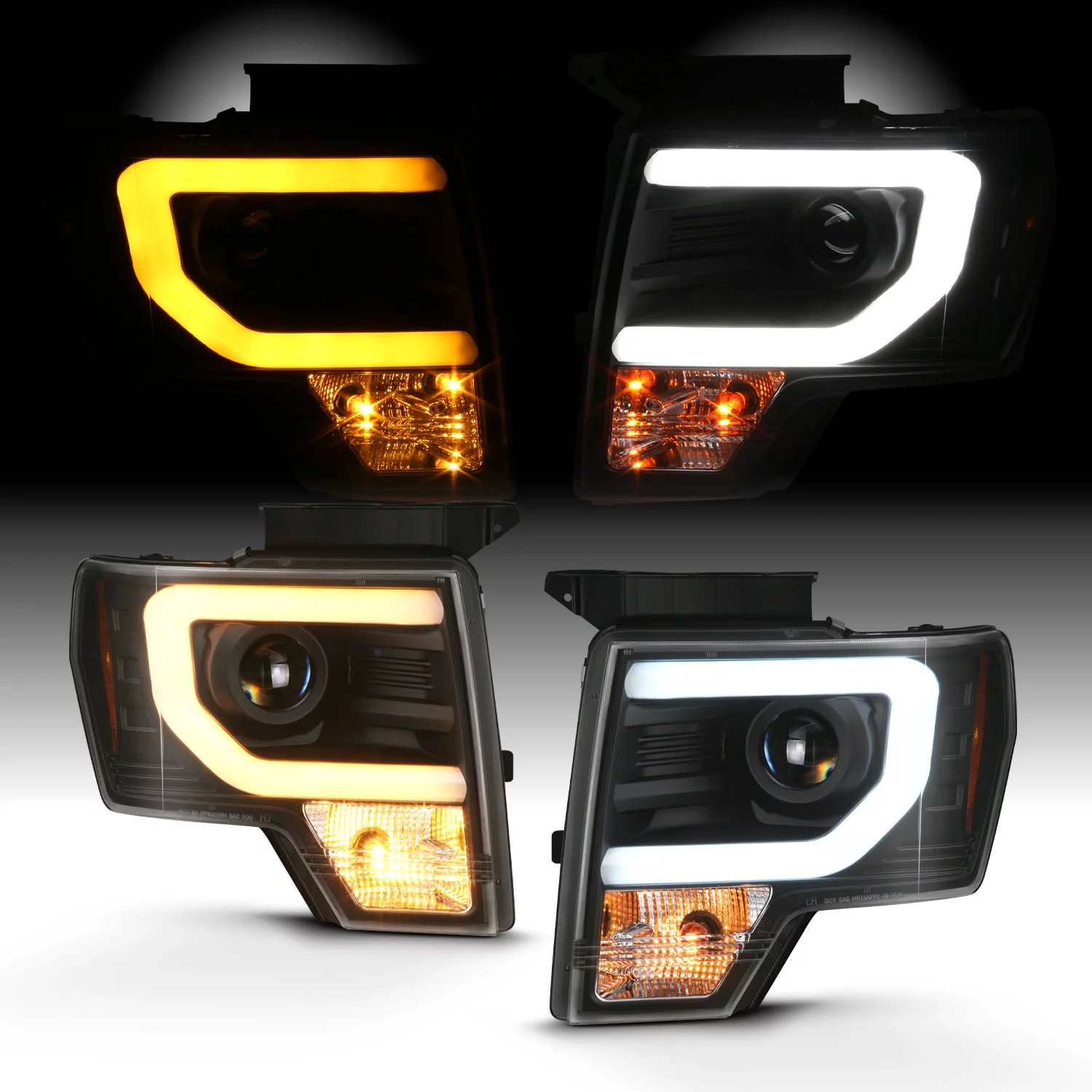 AKKON - Fits 2009-2014 Ford F-150 Switchback LED Tube Turn Signal DRL [Halogen Type] Projector Headlights Pair Left+Right