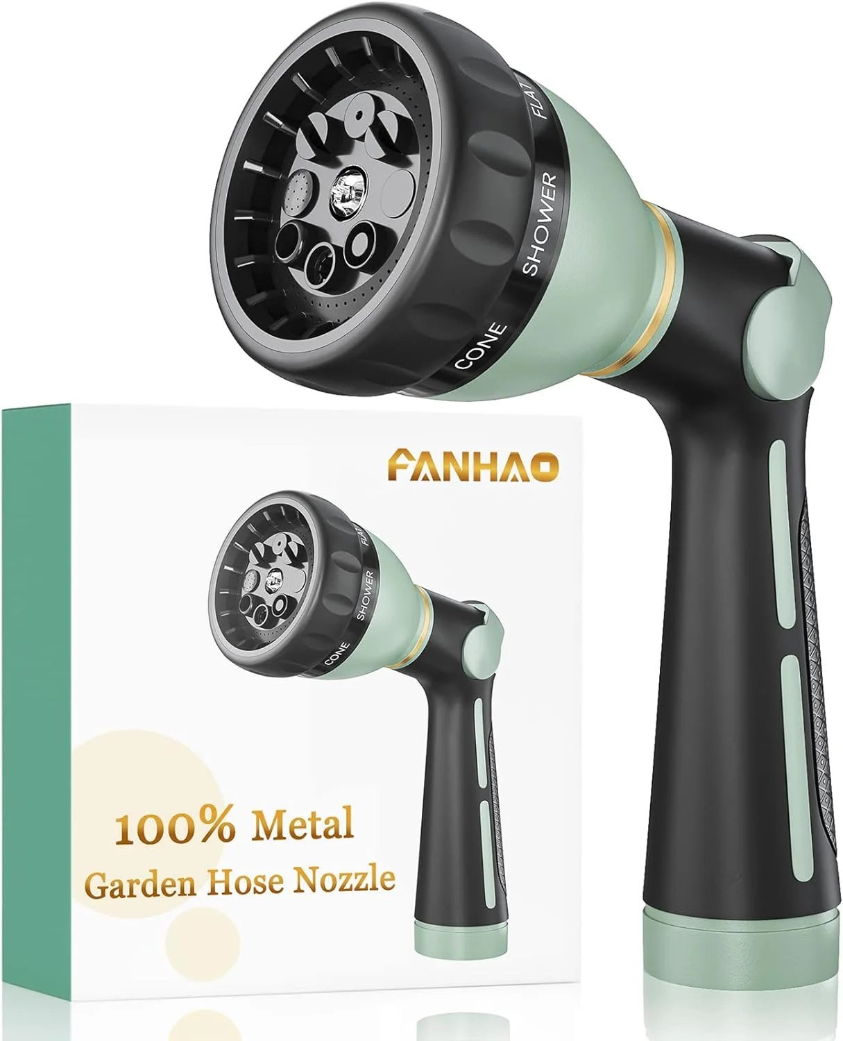 FANHAO Garden Hose Nozzle Heavy Duty, 100% Metal, 8 Spray Patterns, High Pressure with Thumb Control