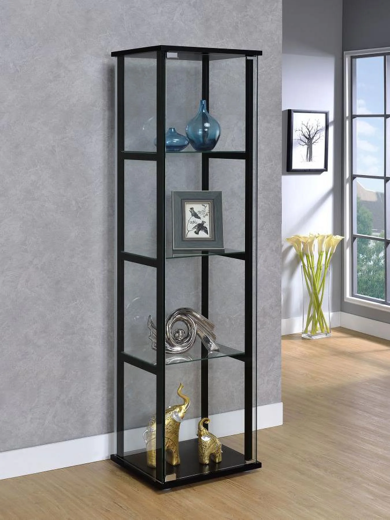 Contemporary Black Wood And Glass 4 Shelf Curio Display Cabinet