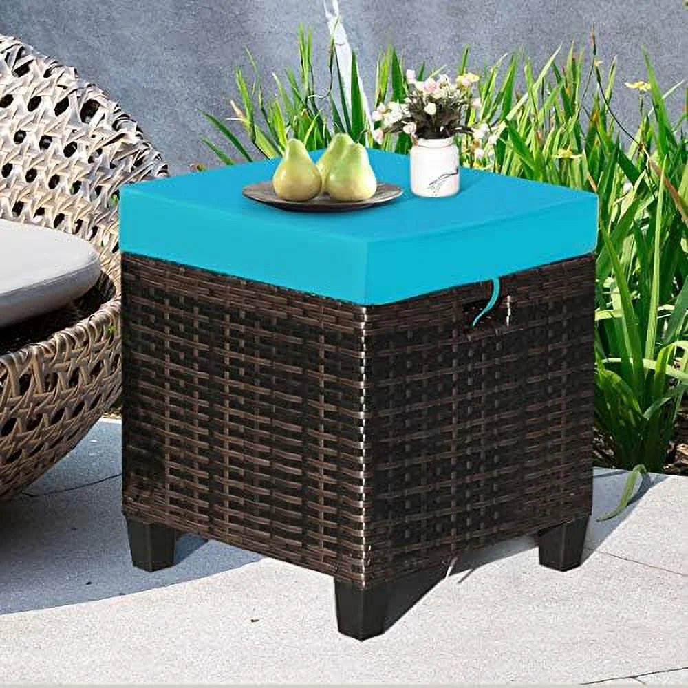 xrboomlife Wicker Ottoman Set of 2  All Weather Rattan Patio Ottoman Set  Outdoor Foot  Patio Foot Stool with Waterproof & Removable Cushions for Balcony Backyard Garden Poolside (Nav