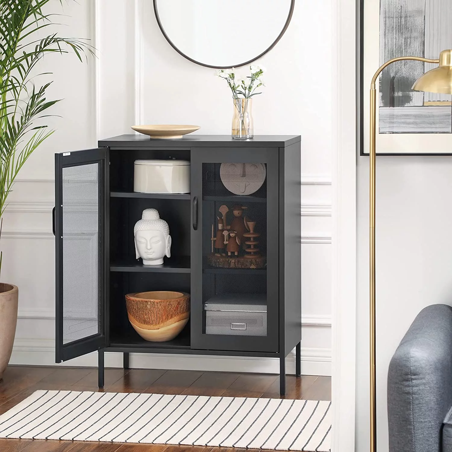 SONGMICS Black Metal Storage Cabinet: Versatile Steel Display Cabinets for Bathroom, Home Office - Adjustable Shelves for Customized Organization