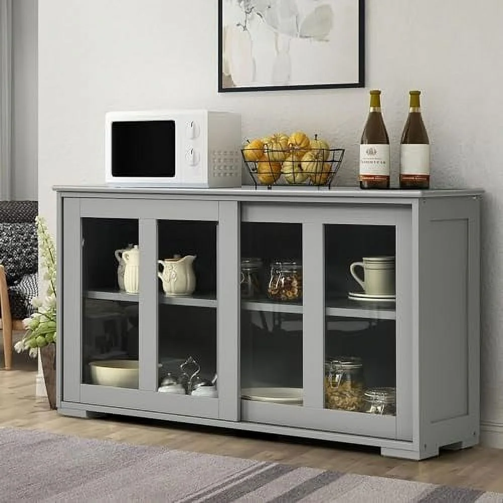 YPDCHB Sideboard Buffet Cabinet  Stackable  Coffee  Cabinet with Adjustable  & Glass Sliding Doors  Wooden Cupboard Credenza Console Table for Kitchen/Dining Room/Living Room (Grey)