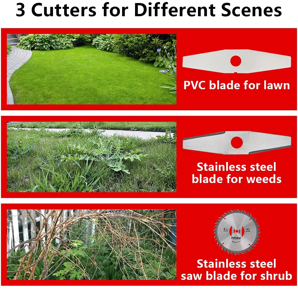 Butizone Grass Cordless String Trimmer 42V with Brushless Motor Three Cutters, Stringless Grass Trimmer & Edger