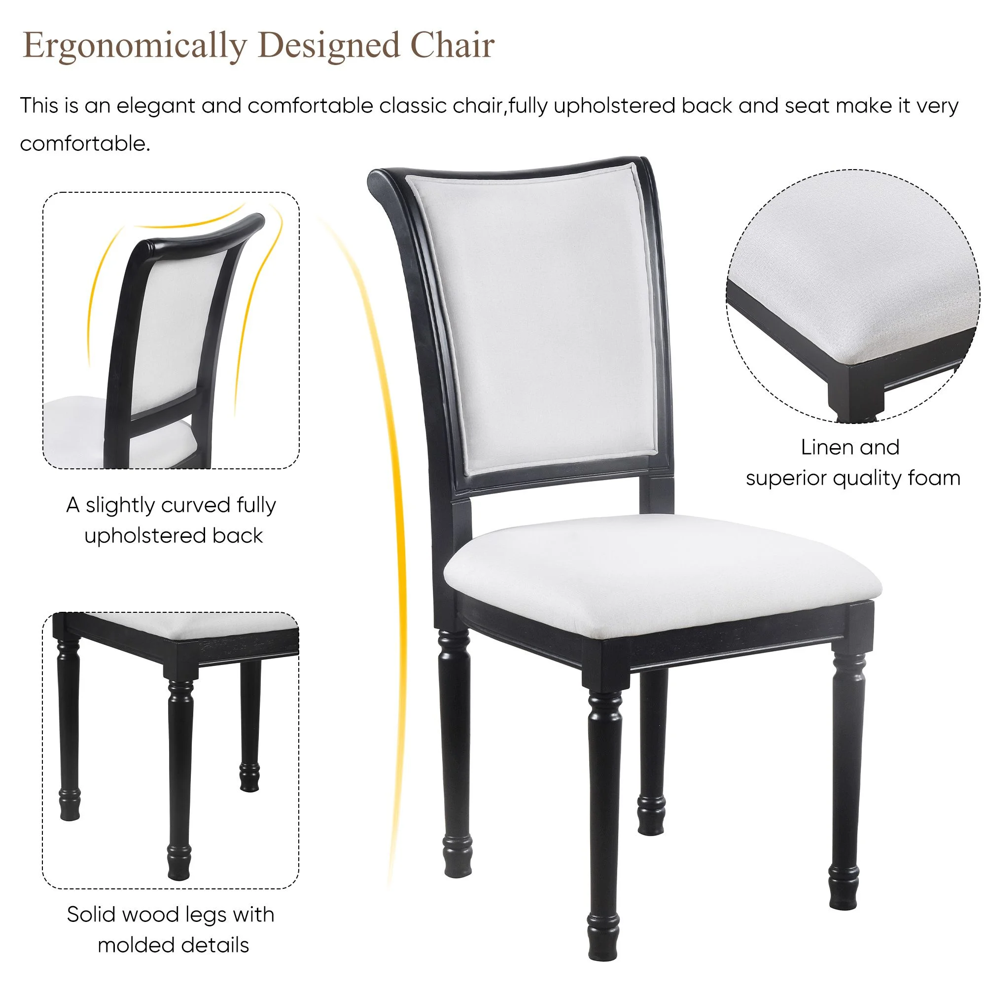 Retro Dining Table Set with 4 Trestle Base and 6 Upholstered Chairs with Slightly Curve and Ergonomic Seat Back, 7 Piece Dining Room Table Set, Wooden Table & Upholstered Chair(Black)