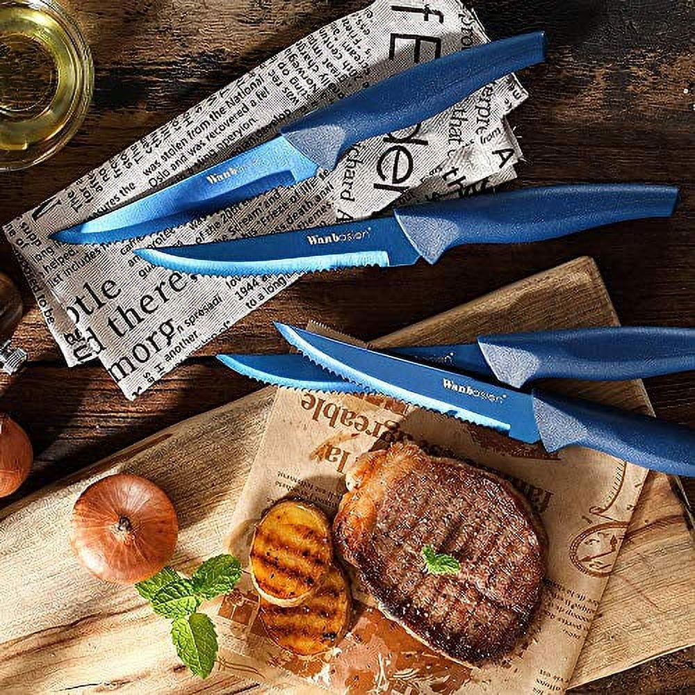 Wanbasion Blue 8-Piece Steak Knife Set Dishwasher Safe, Steak Knife Set Stainless Steel, Kitchen Steak Knife Set Sharp - Scratch Resistant