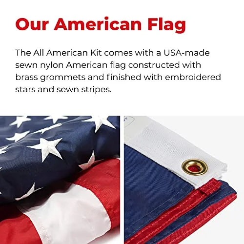 Ezpole All American Silver Sectional Flagpole, 25 foot with 4’ x 6’ Sewn Nylon American Flag, Heavy Duty 14 Gauge Aluminum Sectional Pole, US Flag, Ground Sleeve, and All Hardware. 100% Made in USA