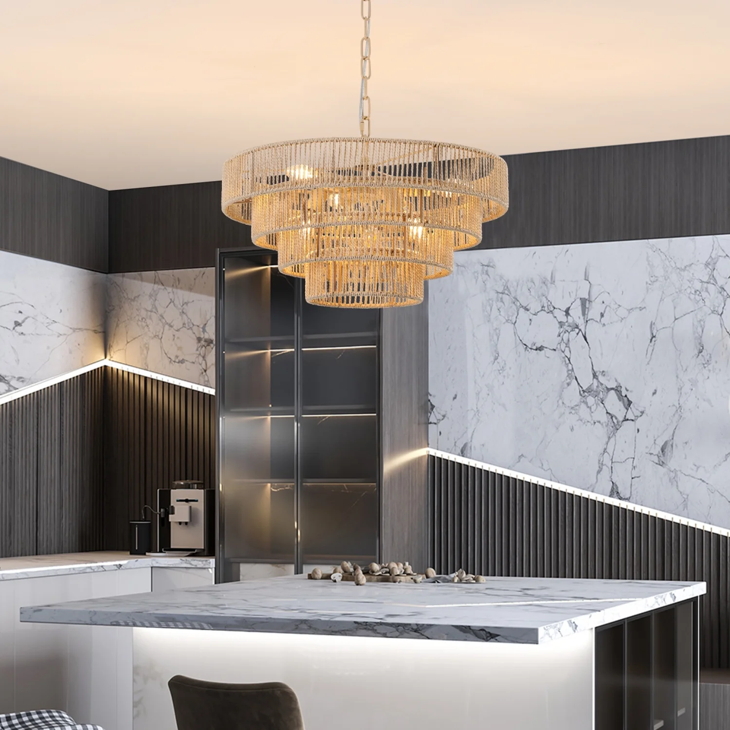 DremFaryoyo Bohemian style Woven Pendant Light 19.7 Inch Rattan Ligh Large Rattan Pendant Light with 4-Tier Rattan Chandelier--Wood