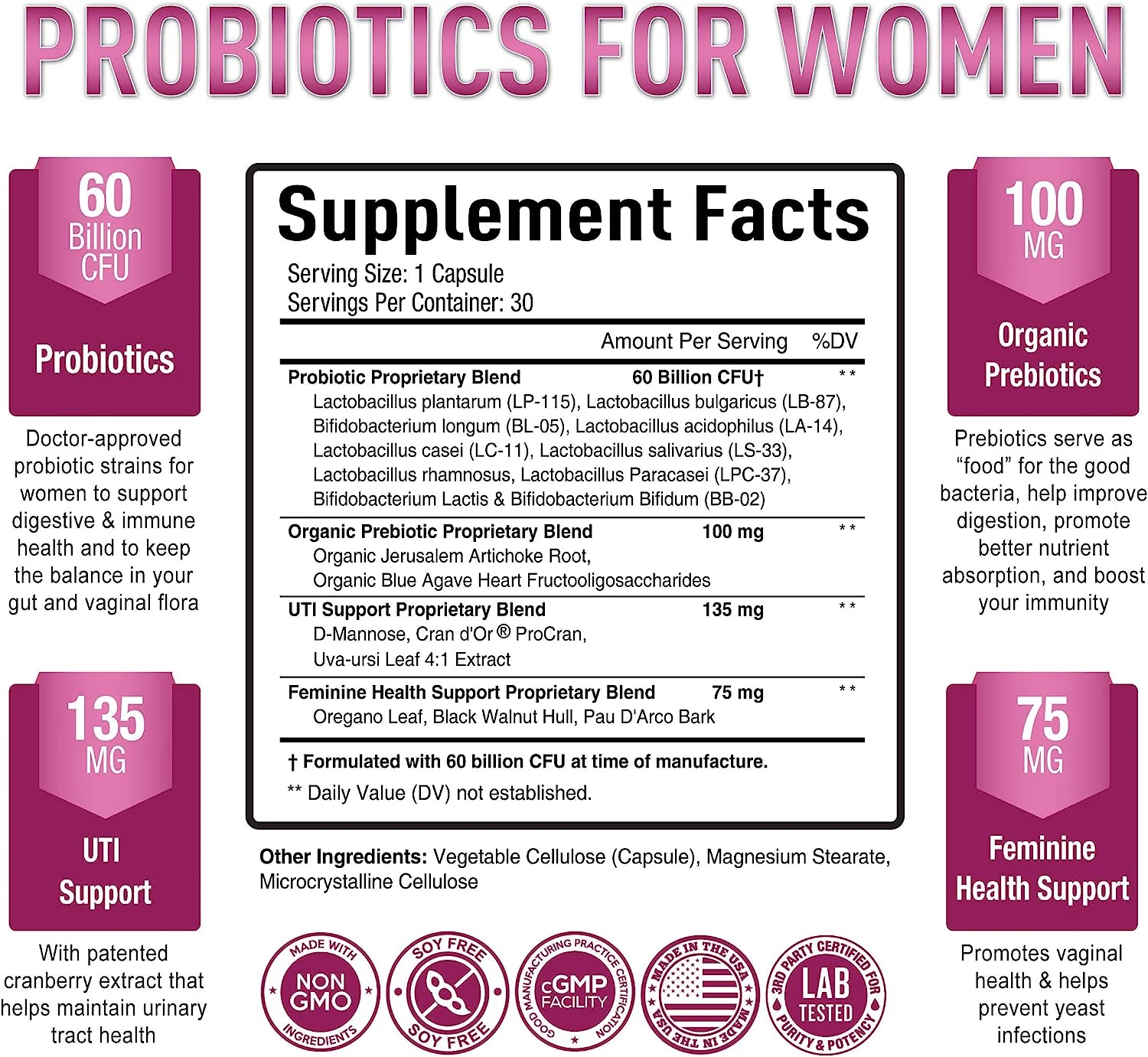 Premium Probiotics for Women - 60 Billion CFU, Dr. Formulated Prebiotics & Probiotics for Women, D-Mannose, ProCran - Digestive, Immune & Vaginal Health Supplement - Shelf Stable, 30 Caps