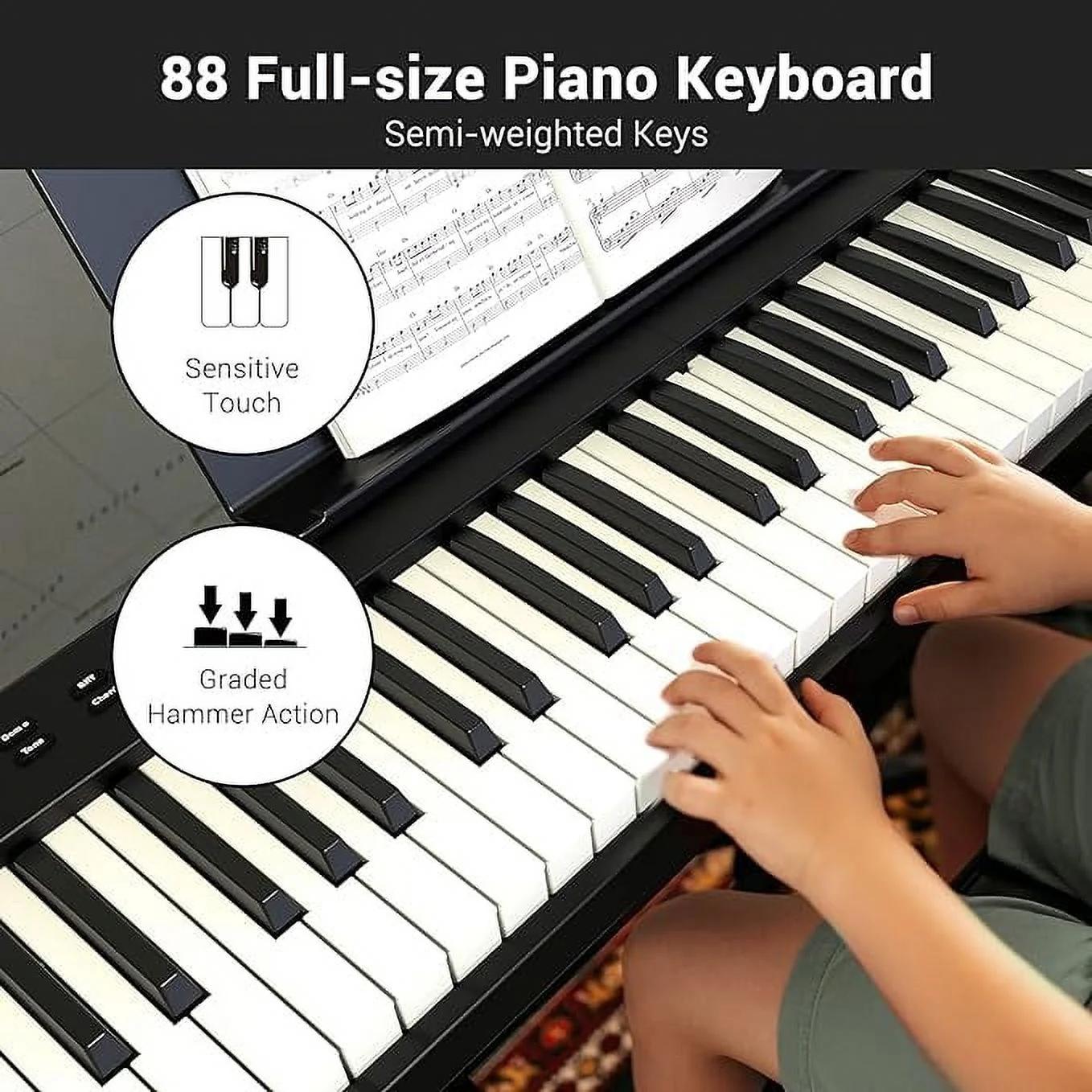 Open Box Ingbelle 88-Key Digital Piano Keyboard Bluetooth Foldable Electric Piano - BLACK