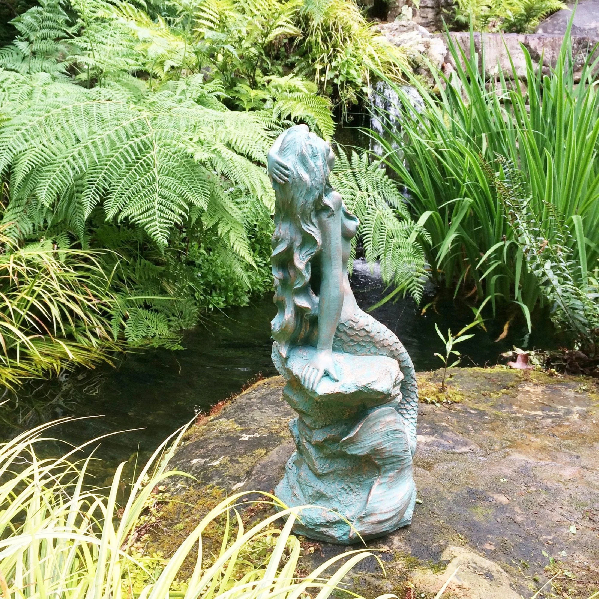 Homestyles 20 in. Bronze Patina Sexy Mermaid Sitting on Coastal Rock Beach Nautical Extra Large Statue