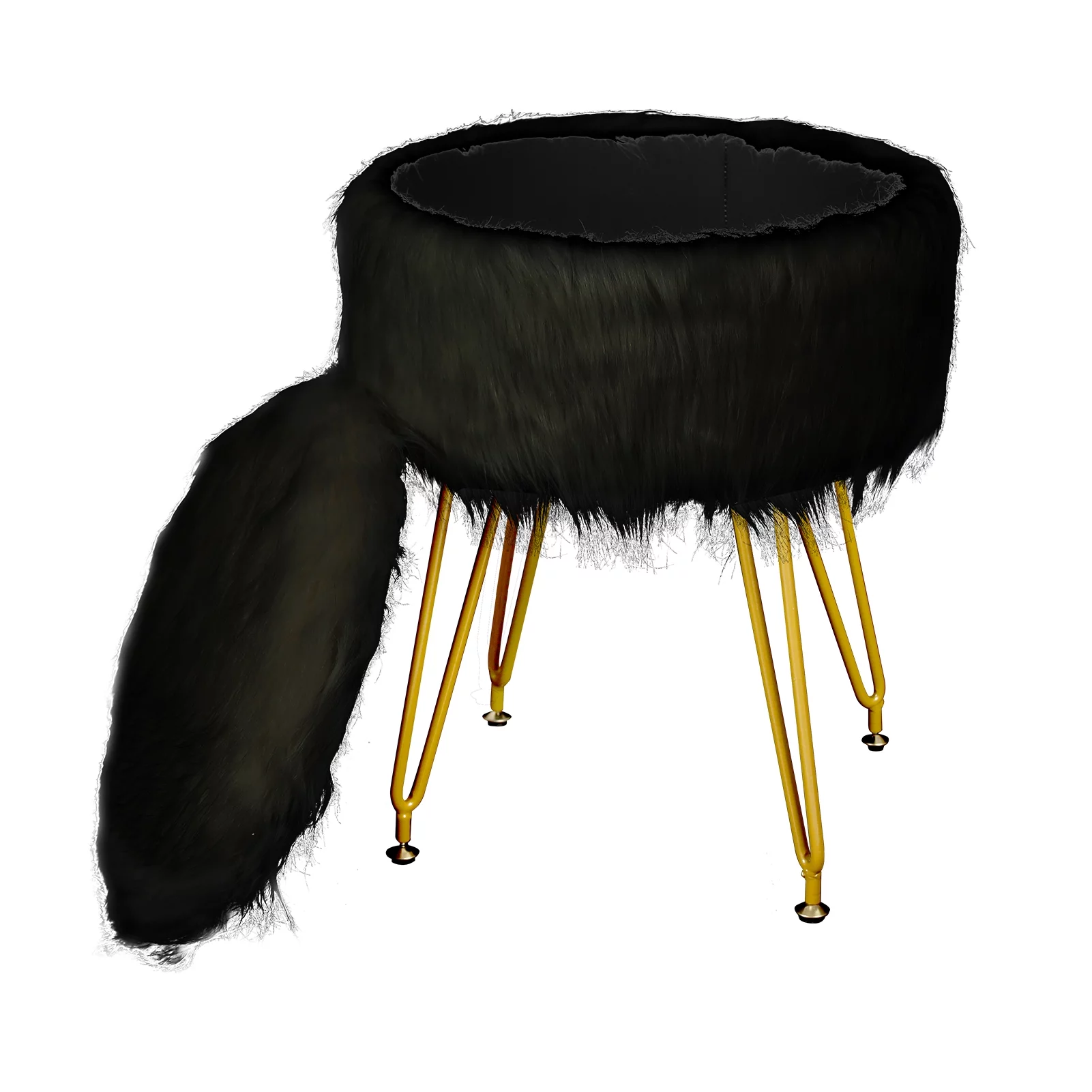 Ecomex Faux Fur Round Storage Ottoman, Vanity Stool Chair with Storage, Black