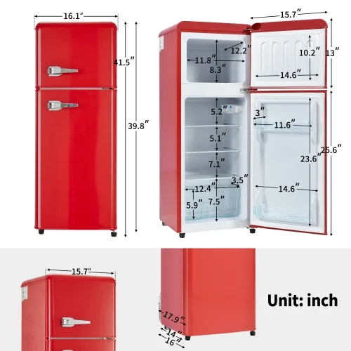 Retro Freezer Mini Red 4.5 Cu.ft Compact Refrigerator Small for Bedroom, Office, Dorm, RV, Apartment with Adjustable Mechanical Thermostat 2-Door Desig