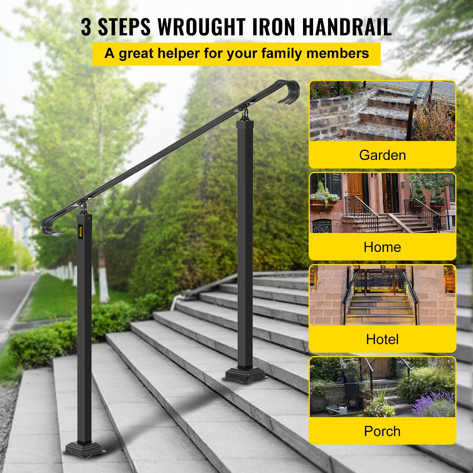VEVORbrand Handrail for Stairs Fit 2 or 3 Steps Wrought Iron Handrail,Outdoor Stair Railing, Height Adjustable Front Porch Hand Rail, Black