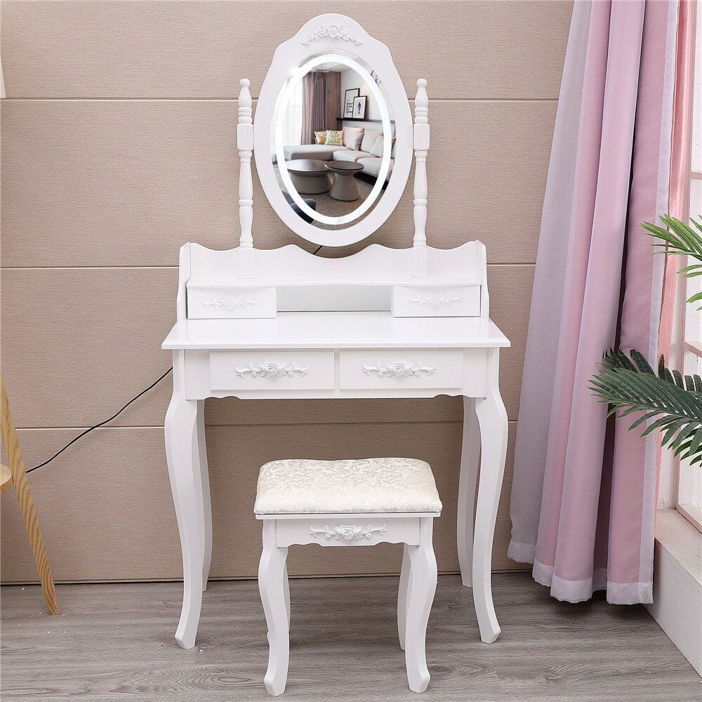 Led Lights Makeup Vanity Set Dressing Table With Stool Mirror With 4 Drawers