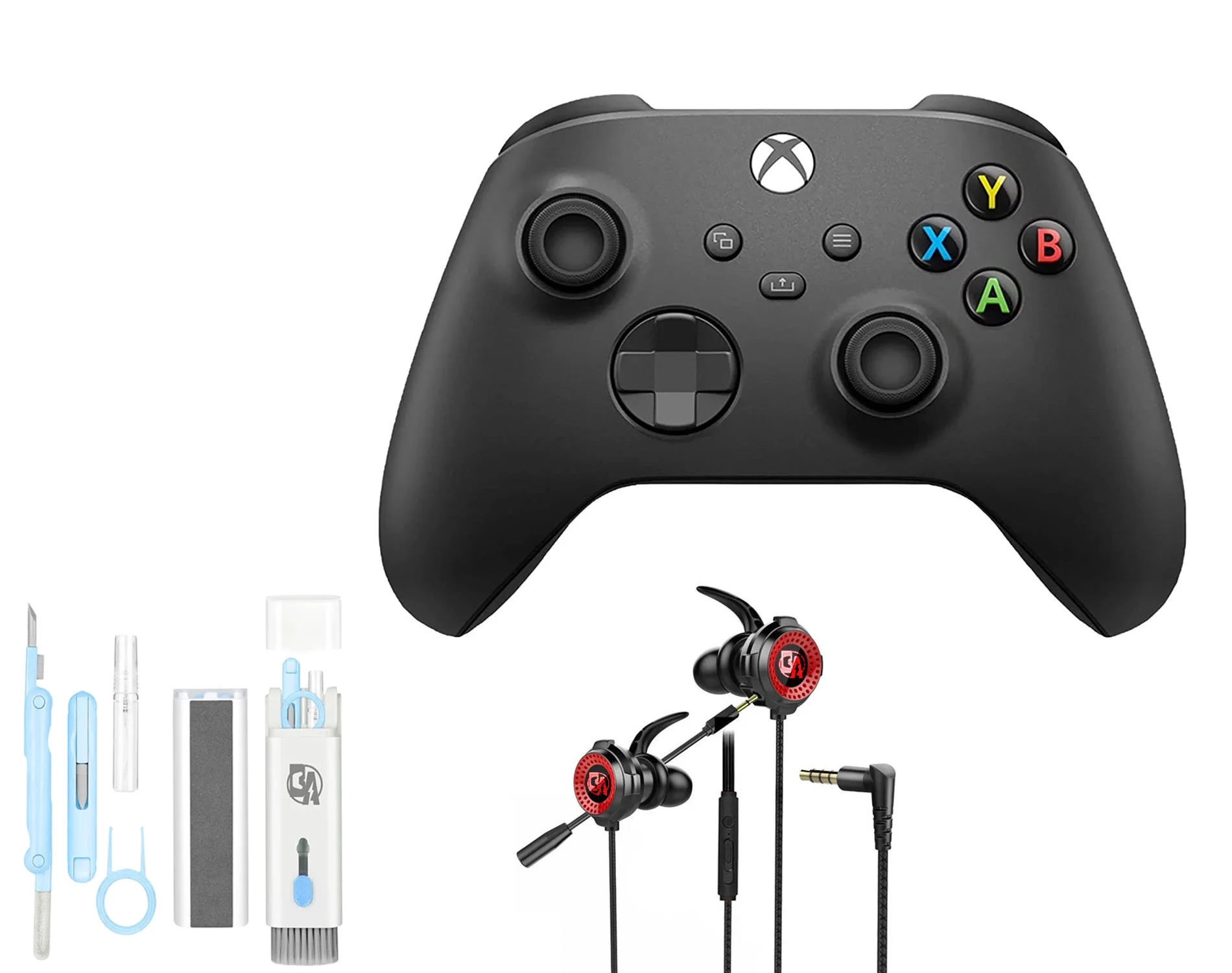 Microsoft Xbox Wireless Carbon Black Controller for Xbox Console + Wired Earbuds With Cleaning Kit BOLT AXTION Bundle Used