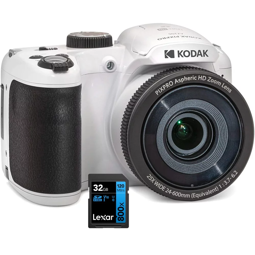 Kodak AZ255-WH PIXPRO Astro Zoom 16MP Digital Camera 25X Optical Zoom White Bundle with Lexar 32GB High-Performance 800x UHS-I SDHC Memory Card BLUE Series