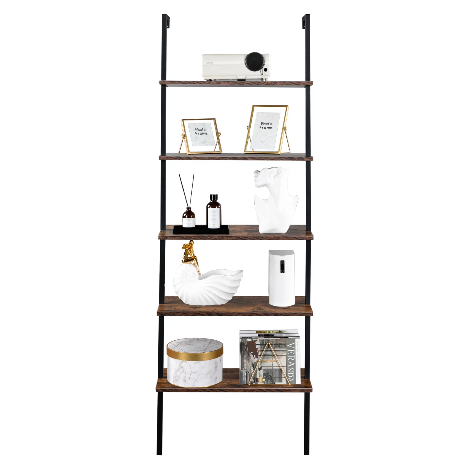 RUXAN Industrial Wall Mounted Bookcase 5-Tier Open Ladder Shelf Bookshelf with Metal Frame, 23.6
