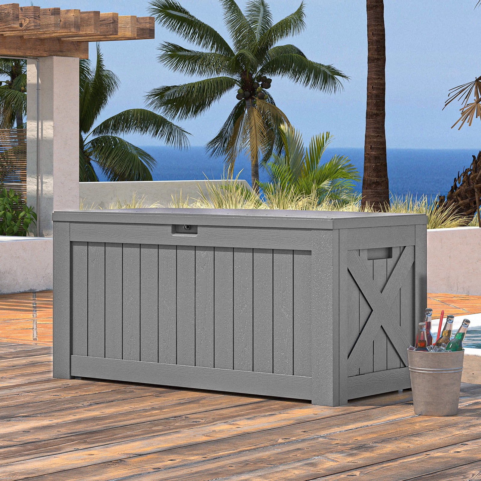 Patiowell 120 Gallon Large Deck Box, Outdoor Lockable Storage Box for Gardening Tools, Waterproof Deck Box for Patio Furniture, Grey