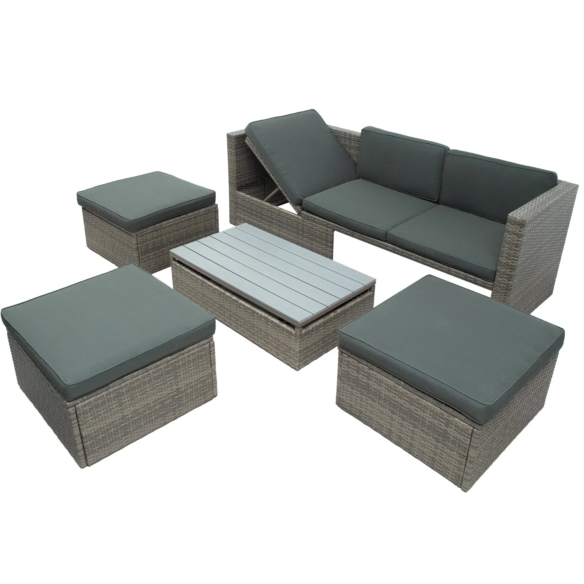 Patio Furniture Sets, 5-Piece Patio Wicker Sofa with Adustable Backrest, Cushions, Ottomans and Lift Top Coffee Table, Gray