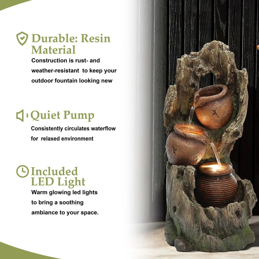 Luxen Home Farmhouse Resin Outdoor Water Fountain with LED Lights in Brown